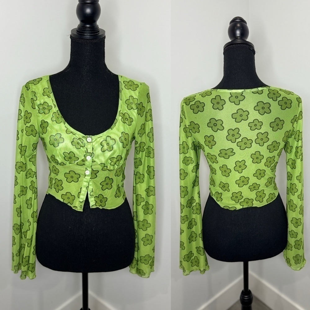Green Floral Long Sleeve Crop Top